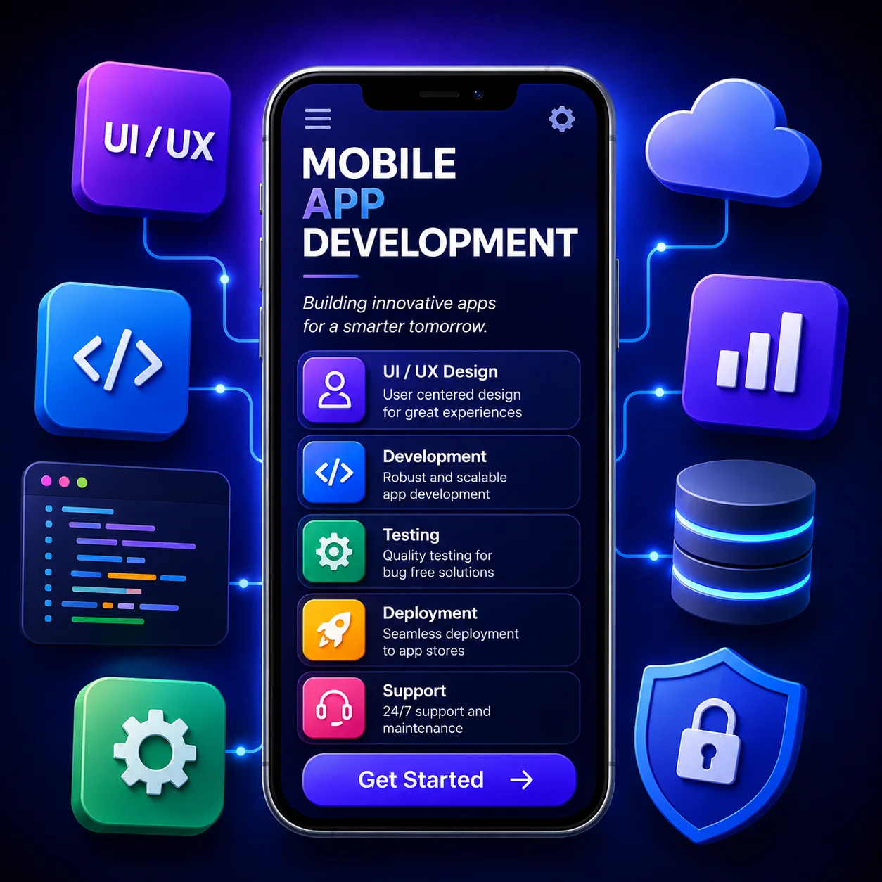 Mobile App Development Services | JHB Automations Mobile App Development illustration showing Android and iOS app development, UI/UX design, coding, cloud integration, testing, deployment, and secure application development by JHB Automations.