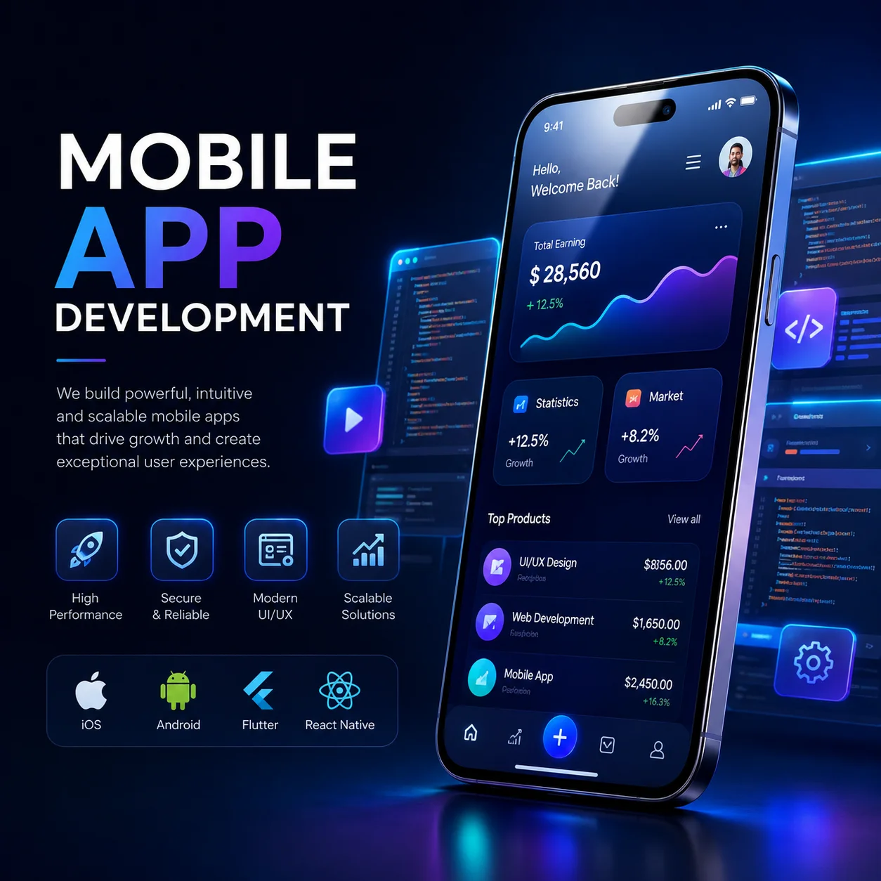 Mobile App Development Services | JHB Automations Mobile App Development illustration showing Android and iOS app development, UI/UX design, coding, cloud integration, testing, deployment, and secure application development by JHB Automations.